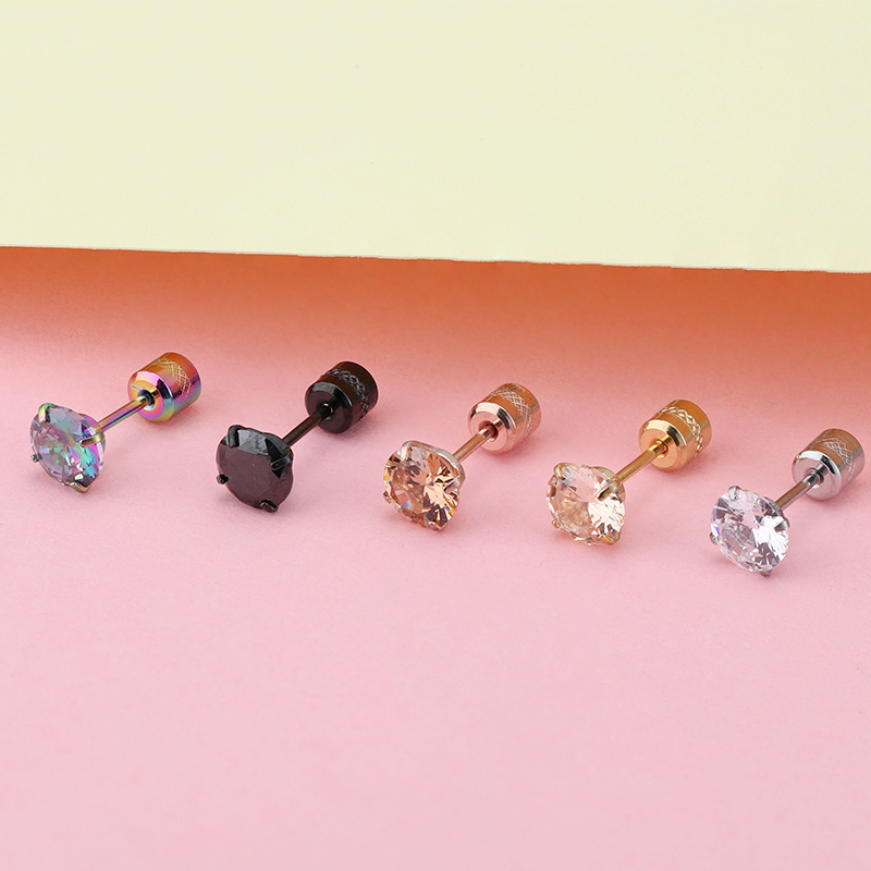 [ACKER] 4mm 1pasang Multicolor Titanium Stainless Cubic Zirconia Diamond AAA+Anting Tusuk Zircon Untuk Wanita /Pria