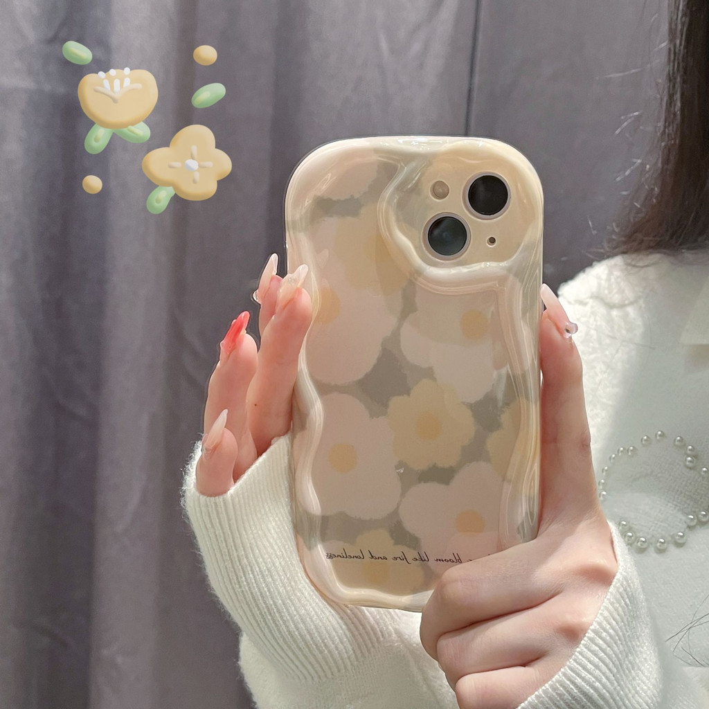 Casing 3D Wavy Curved Edge Glossy Colorful Fresh Flowers Cocok Untuk iPhone 7Plus XR 11 14 12 13 Pro Max X7 8 6s 6 Plus XS Max SE 2020 Shockproof Soft Tpu Cover Case