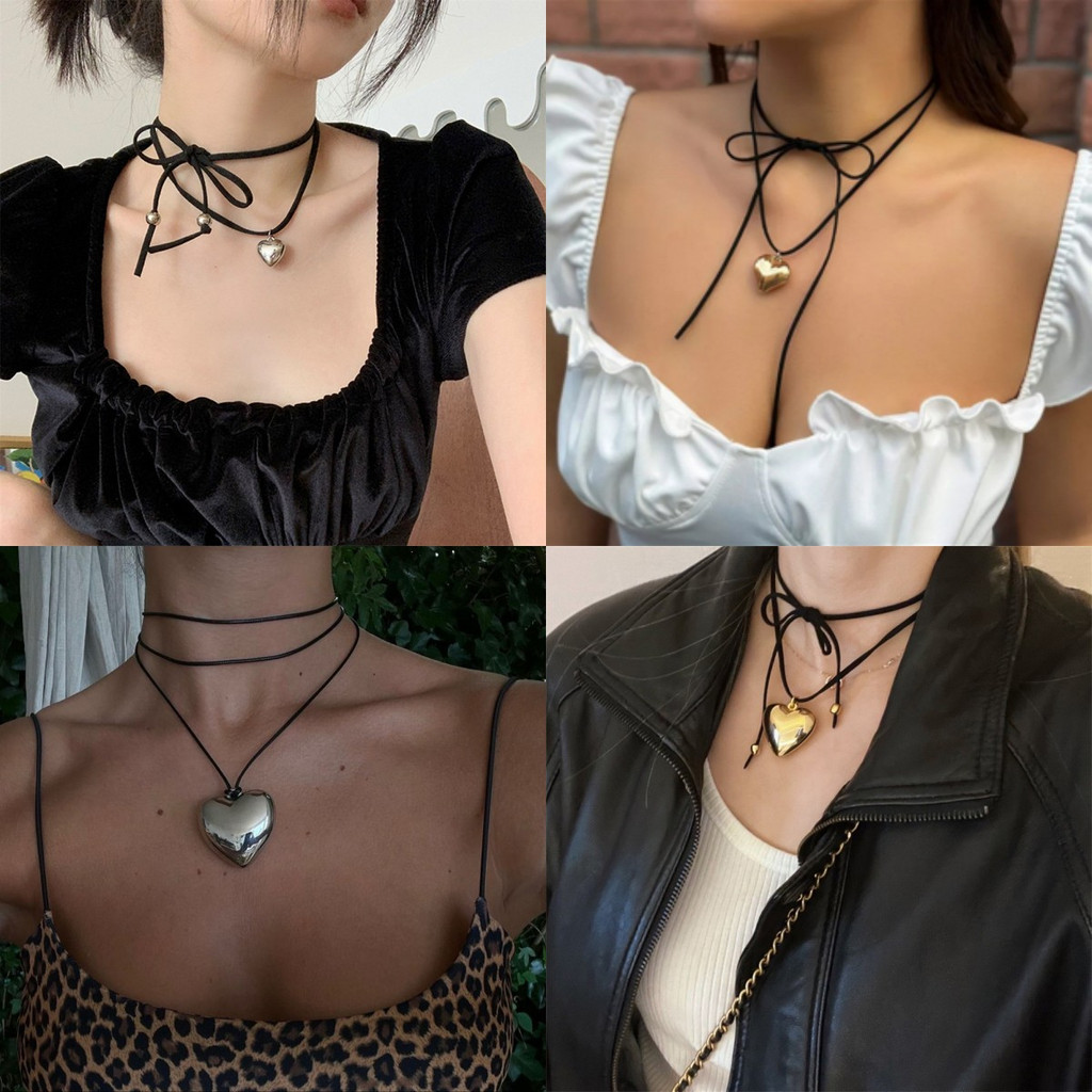 Kalung Liontin Hati Charms Hip hop Dengan Chocker Serut Adjustable Untuk Wanita Perempuan