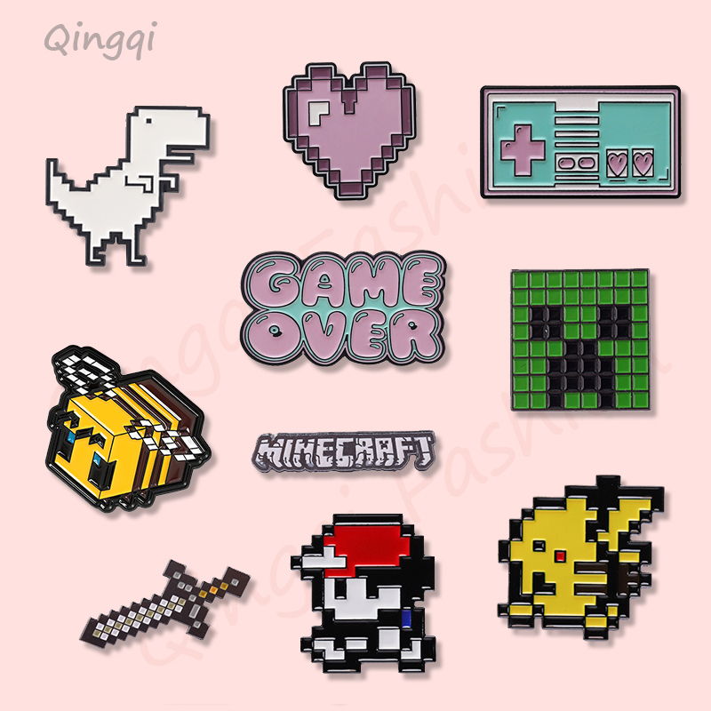 Mosaik Lucu Enamel Pin Kartun Pixel Pikachu Lebah Dinosaurus Bros Lencana Kerah Pin Anime Game Perhiasan Hadiah Untuk Penggemar Anak-Anak