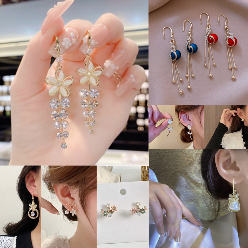 Anting Kait Telinga Panjang Batu Mata Kucing Bunga Fashion Edisi Korea Produsen Batch Pricing