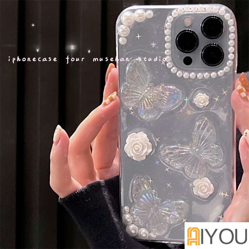 Elira Epoxy Mutiara Bunga Kupu-Kupu Kartun Case Iphone 13 Pro Max12 /11 Pro Max/Mini Xs Max Xr X8 7Plus Epoxy pearl butterfly