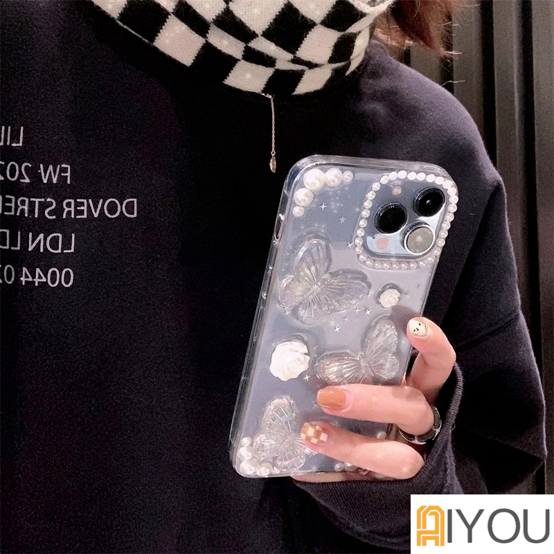 Elira Epoxy Mutiara Bunga Kupu-Kupu Kartun Case Iphone 13 Pro Max12 /11 Pro Max/Mini Xs Max Xr X8 7Plus Epoxy pearl butterfly