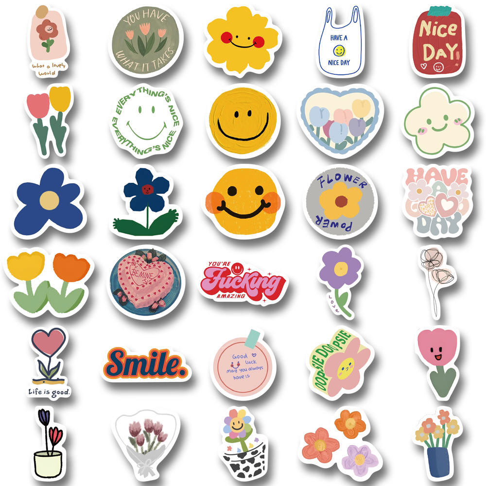 [in Stock] 90pcs ins style Lucu Wajah Tersenyum Bunga Kecil Kartun Stiker Untuk Ponsel Laptop Tahan Air Stiker