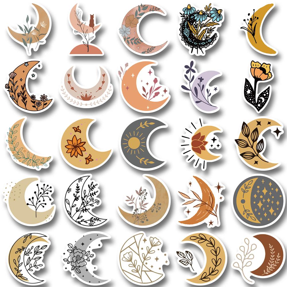 [in Stock] 50pcs Lucu Kartun Bulan Bunga Stiker Ponsel Laptop Dan Komputer Tahan Air Stiker