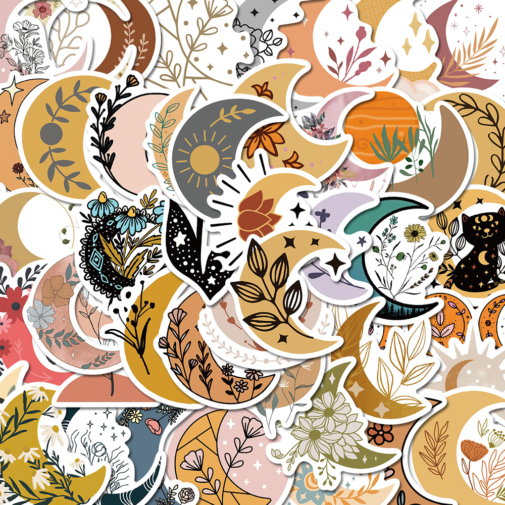 [in Stock] 50pcs Lucu Kartun Bulan Bunga Stiker Ponsel Laptop Dan Komputer Tahan Air Stiker