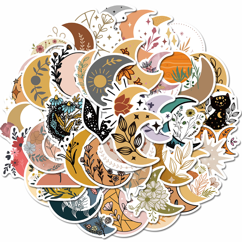 [in Stock] 50pcs Lucu Kartun Bulan Bunga Stiker Ponsel Laptop Dan Komputer Tahan Air Stiker
