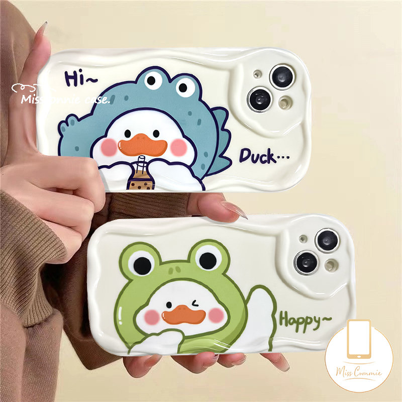 IPHONE Couple Kartun Lucu Lucu Minum Susu Teh Bebek Case Kompatibel Untuk Iphone11 12 13 14 Pro Max XR 78 Plus 6s 6x XS Max SE 2020 3D Wavy Curved Edge Soft Tpu Lovers Cover