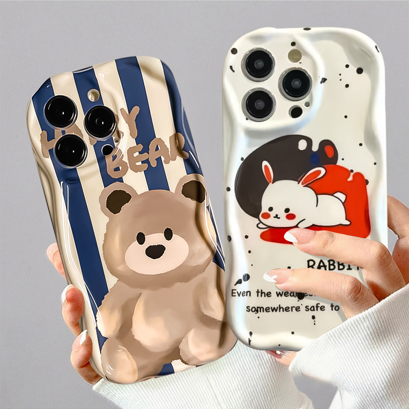 3d Wavy Curved Edge Cute Cartoon Bear Stripe Case Kompatibel Untuk iPhone 7Plus XR 6s 6 7 8 Plus 11 Pro Max 14 13 12 Pro Max X XS Max SE 2020 Tpu Lembut Airbag Glossy Shockproof Cover