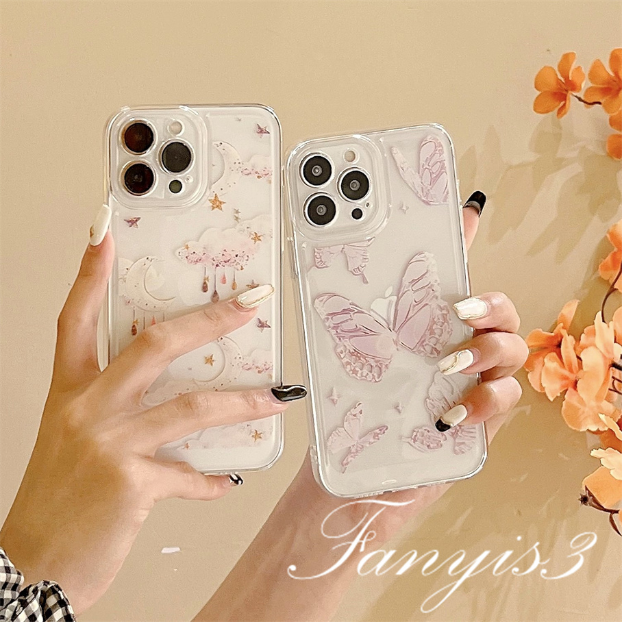 Compatible For iPhone 14 13 12 11 Pro Max XS Max XR X XS 8 7 6s 6 Plus SE 2020 Kompatibel Untuk Fantasi Awan Kupu-Kupu Fleksibel Phone Case Transparan TPU Soft Cover