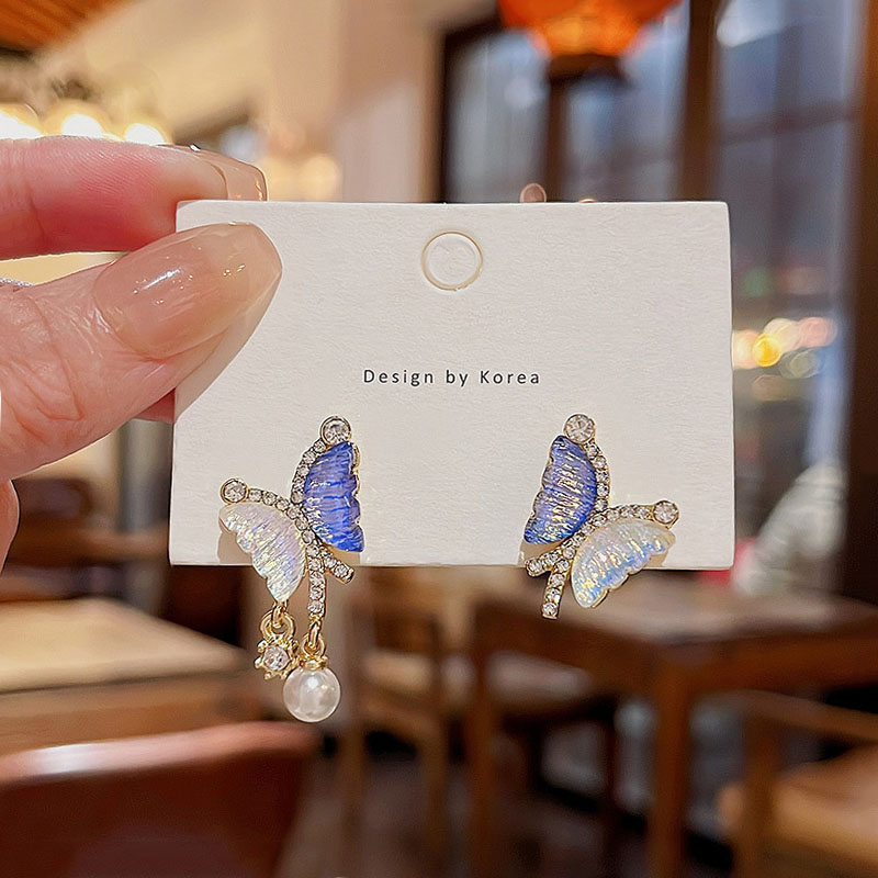 925jarum Perak Anting Kupu-Kupu Asimetris Super Lucu Perempuan Fashion Mewah Anting Mutiara