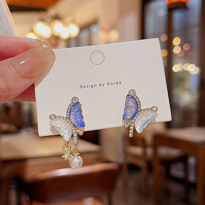 925jarum Perak Anting Kupu-Kupu Asimetris Super Lucu Perempuan Fashion Mewah Anting Mutiara