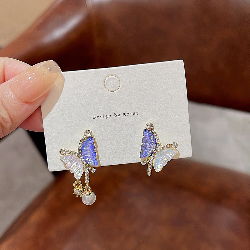 925jarum Perak Anting Kupu-Kupu Asimetris Super Lucu Perempuan Fashion Mewah Anting Mutiara