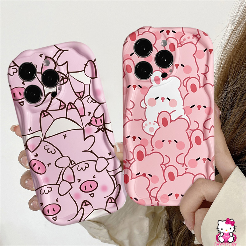 Lovely Kartun Babi Kelinci Lucu Case Untuk Samsung A12 A02s A14 A23 A52 A24 A32 A13 A04s A20s A11 A20 A10s A51 A21s A30 A04 A03 A03s A30s A50 3D Wavy Curved Edge Glossy Soft Cover