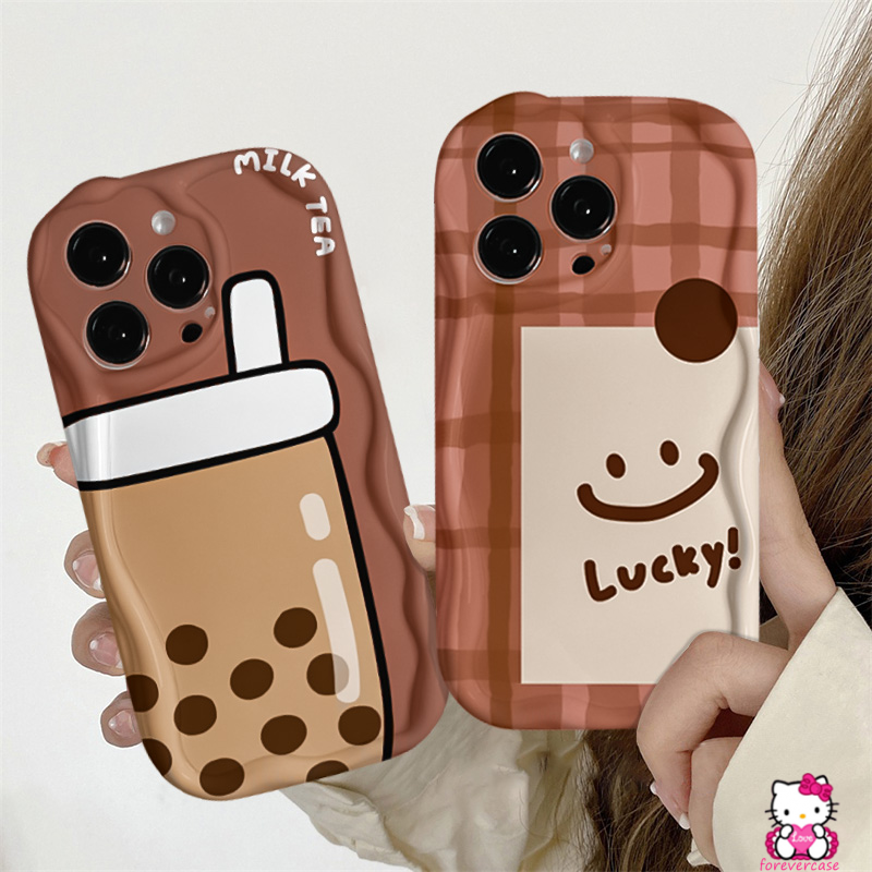 IPHONE Pearl Milk Tea Grid Lucky Smile Splicing Phone Case Kompatibel Untuk Iphone11 14 12 13 Pro Max 7 6 6s 8plus XR X XS Max 7Plus SE 2020 Lembut Tpu Lovely 3D Wavy Curved Edge Cover