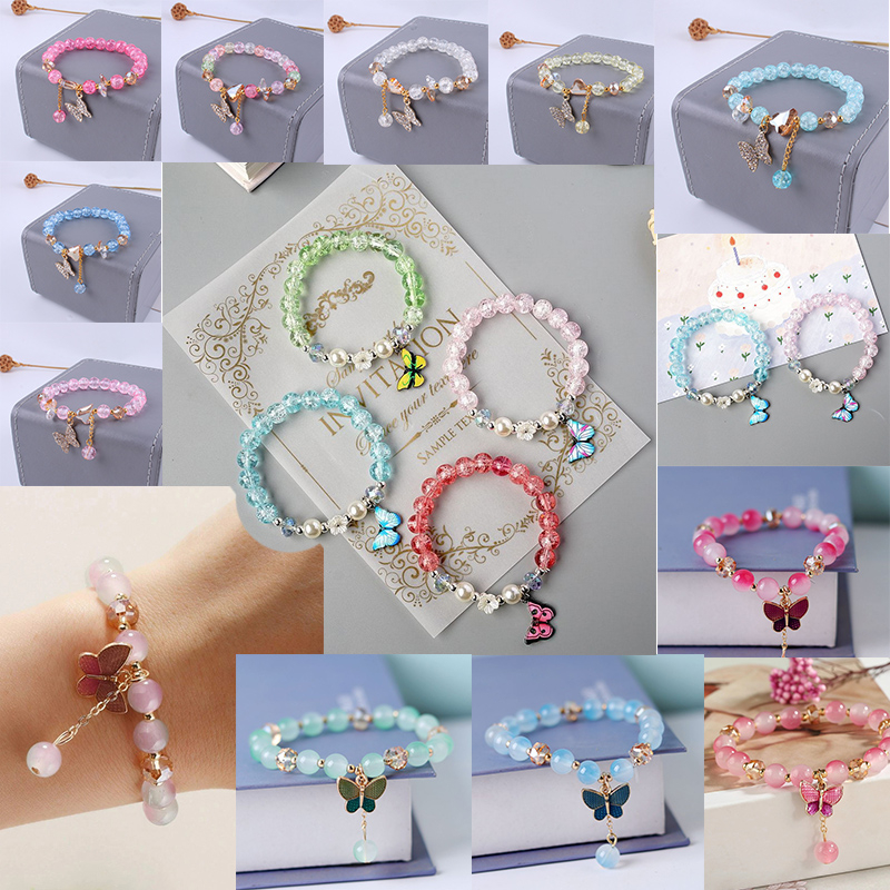 Mutiara Imitasi Kupu-Kupu Gelang Bunga Multi Warna Fragmented Beads Bracelet Elastis Fashion Versi Korea Hadiah Gadis