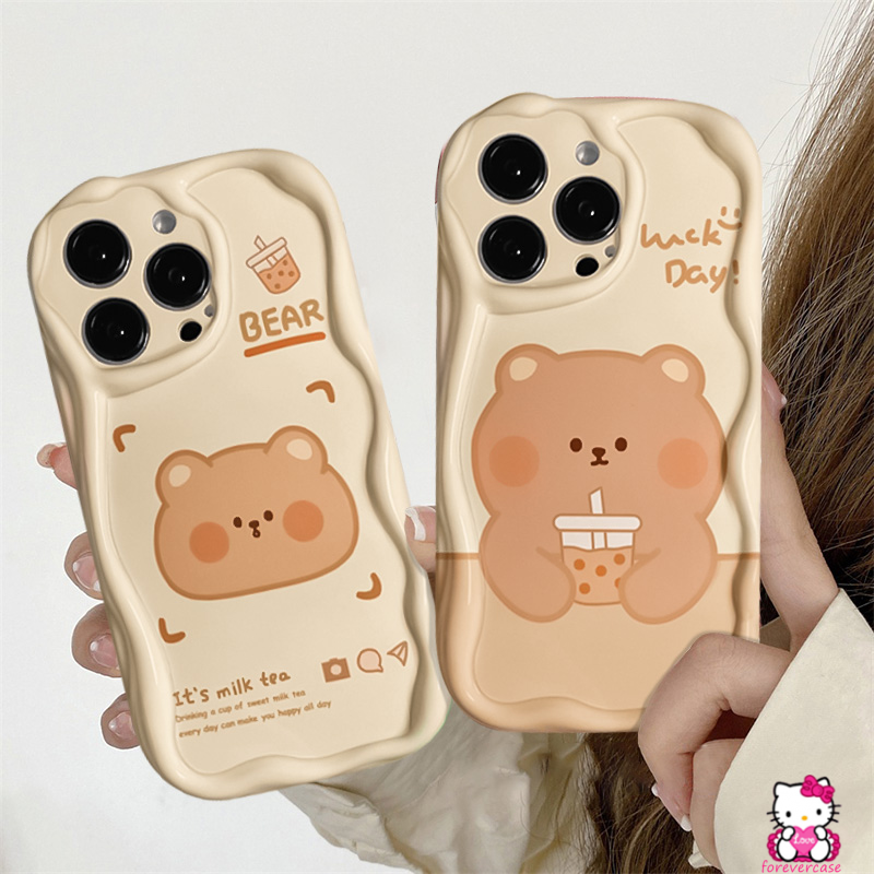 Case Teh Susu Beruang Kartun Lucu Untuk Redmi Note11 9 10S 8 10 11s 10Pro Max Redmi 10C 9A 10 9T 9C NFC 10A A1 9 A2 POCO M3 3D Wavy Curved Edge Glossy Soft Tpu Shockrpoof Cover