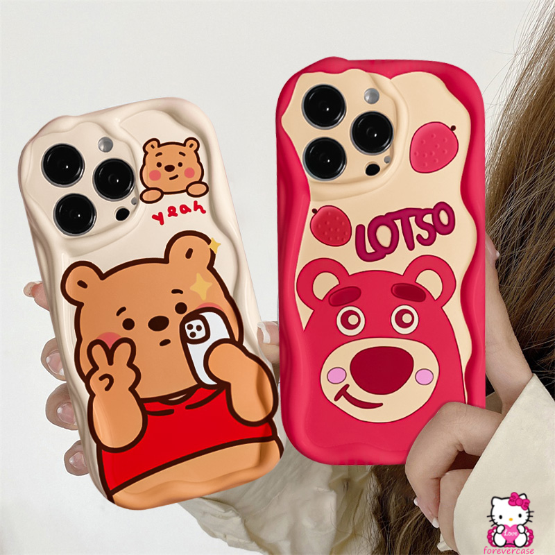 Lovely Strawberry Bear Manyo Case Kompatibel Untuk IPhone XR X XS Max 7Plus 11 14 12 13 Pro Max7 8 6 6s Plus SE 2020 3D Wavy Curved Edge Glossy Cute Winnie The Pooh Tpu Soft Cover