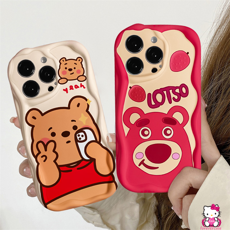 Lovely Bear Manyo 3D Wavy Curved Edge Glossy Case Untuk Redmi Note11 9 11s 10S 10 10Pro Max8 Redmi 10C 9C NFC 9A 10 9 A2 A1 10A 9T POCO M3 Cute Winnie The Pooh Soft Tpu Cover