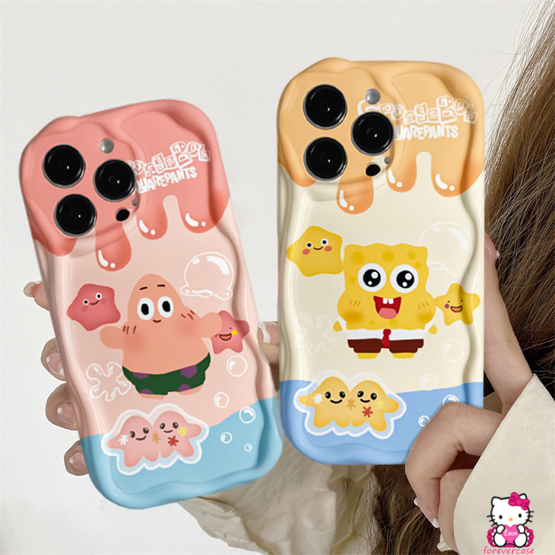 IPHONE Case Kartun SpongeBob Lucu Patrick Star Kompatibel Untuk Iphone11 13 12 14 Pro Max 6s 6 7 8 Plus XR XS X Max 7Plus SE 2020 3D Wavy Curved Edge Glossy Soft Cover