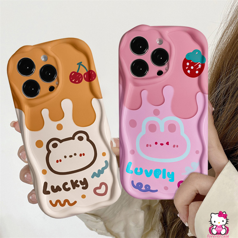 Casing Es Krim Glossy Tepi Melengkung Bergelombang 3D Untuk Oppo A17K A55 A77 A95 A96 A31 A16 A57 A77S A17 A12 A54 A7 A15 A15s A3s A1K A9 A52 A76 A5 A16k A16s A5s A74 A53 Rabbit Bear Couple Case