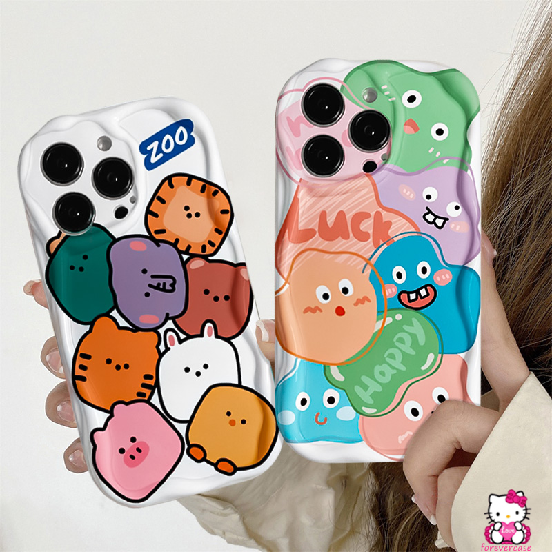 IPHONE Kartun Lucu Monster Graffiti Hewan Kecil Case Kompatibel Untuk Iphone11 14 12 13 Pro Max 6 6s 8 7 Plus XR X XS Max SE 2020 Baru 3D Bergelombang Melengkung Tepi Pasangan Lembut Tpu Cover