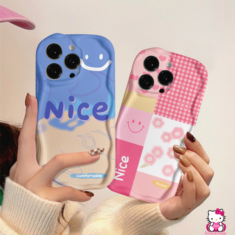 Casing Tepi Melengkung Bergelombang 3D Untuk Redmi A1 9A 9 9T 9C NFC 10C 10 A2 10A Redmi Note8 11 10s 9 10 Pro Max Plus 11s POCO M3 Motif Kotak-Kotak Huruf Simple Smile Bunga Pink Soft Cover