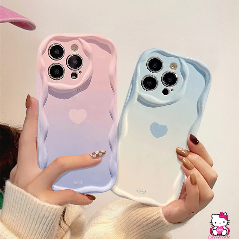 Couple Soft Tup 3D Wavy Curved Edge Case Kompatibel Untuk IPhone 6 6s 87 Plus XR XS XMax 11 14 13 12 Pro Max SE 2020 Gradient Milk Blue Pink Purple Love Heart Shockproof Cover