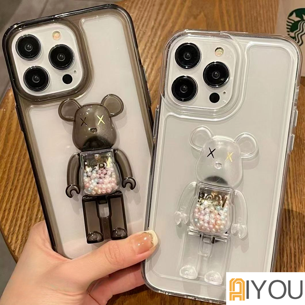 IPHONE Clear Violent Bear Holder Dengan shell Luar Angkasa Bening Mewah Casing Ponsel Untuk Iphone11 12 13 14 Pro Max X Xs XR 7 8 Plus SE 2 3 10 Penutup Bumper Transparan Kristal