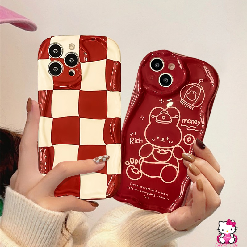 Casing Tepi Melengkung Bergelombang 3D Kompatibel Untuk IPhone XR XS X Max11 13 12 14 Pro Max 6 7 6s 8 Plus SE 2020 Checkerboard Kartun Merah Hajatan Tahun Baru Kelinci Lucu Soft Cover