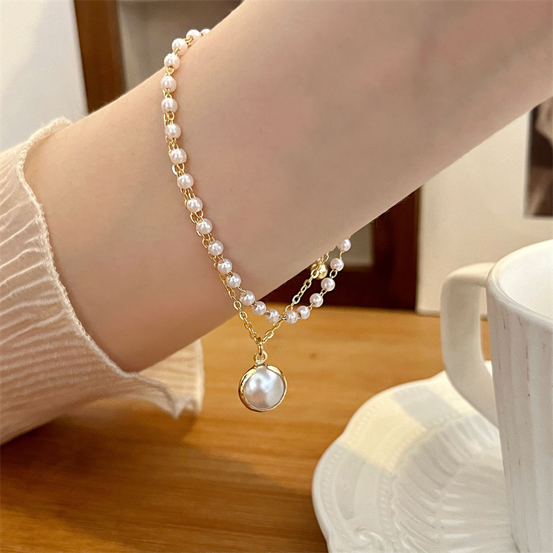 Mutiara Imitasi Double Layer Gelang Fashion Cahaya Mewah Gelang