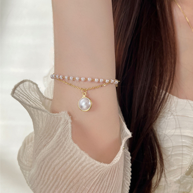 Mutiara Imitasi Double Layer Gelang Fashion Cahaya Mewah Gelang