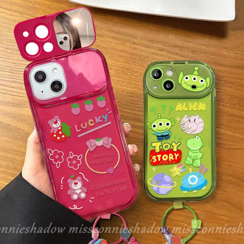 Toy Story Lucu Alien Strawberry Bear Losto Case Untuk Oppo A15 A57 A5s A12 A15s A9 A5 A7 A3s A53 A33 F9 A77 A77s A12E A31 A35 Kreatif Flip Make Up Cermin Soft Cover Dengan Boneka 3D