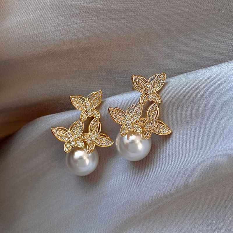 Anting Versi Korea, Kupu-Kupu, Mutiara, Rumbai fashion Bertabur Berlian, Grosir Untuk Produsen Aksesori Wanita