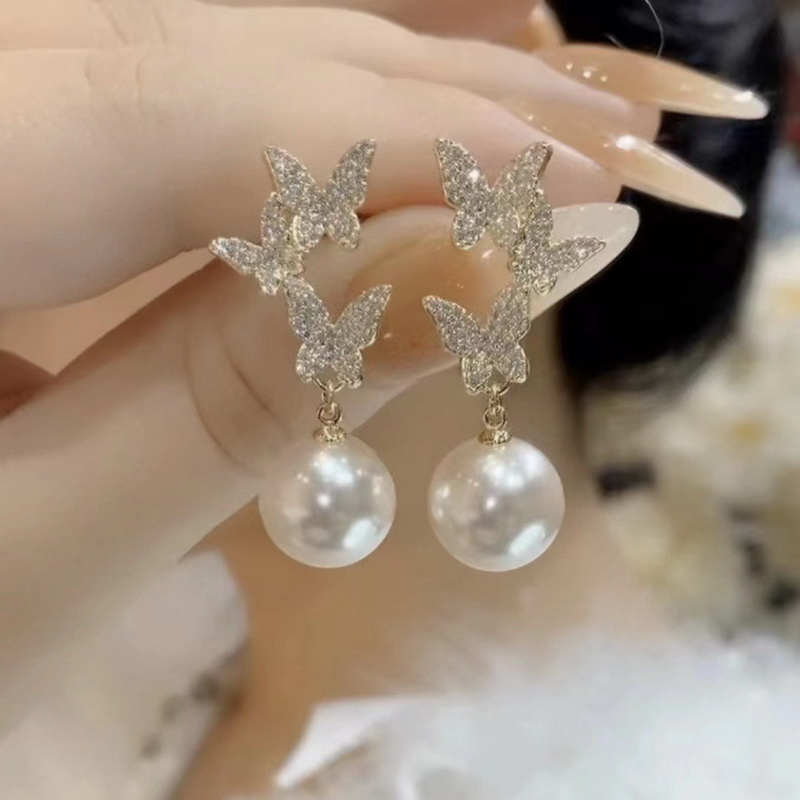 Anting Versi Korea, Kupu-Kupu, Mutiara, Rumbai fashion Bertabur Berlian, Grosir Untuk Produsen Aksesori Wanita