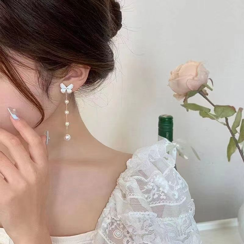 Anting Versi Korea, Kupu-Kupu, Mutiara, Rumbai fashion Bertabur Berlian, Grosir Untuk Produsen Aksesori Wanita