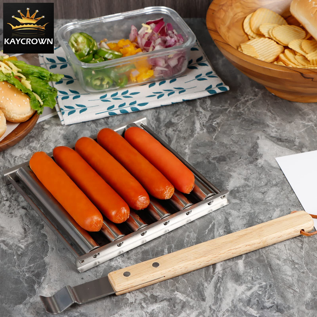 Hot Dog Roller Stainless Steel Rak Rol Sosis Dengan Pegangan Kayu Extra Panjang BBQ Hot Dog Alat Panggang Untuk Masak Merata