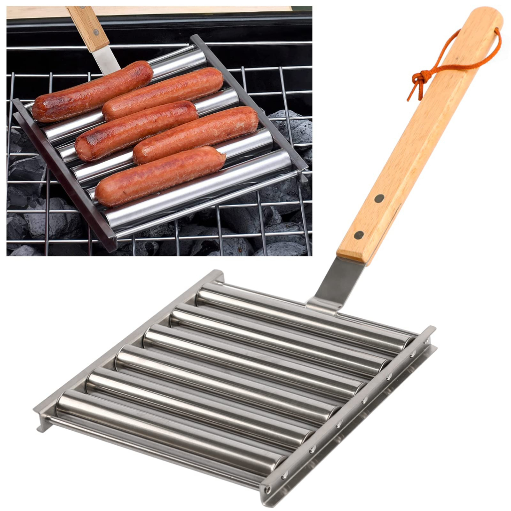 Hot Dog Roller Stainless Steel Rak Rol Sosis Dengan Pegangan Kayu Extra Panjang BBQ Hot Dog Alat Panggang Untuk Masak Merata