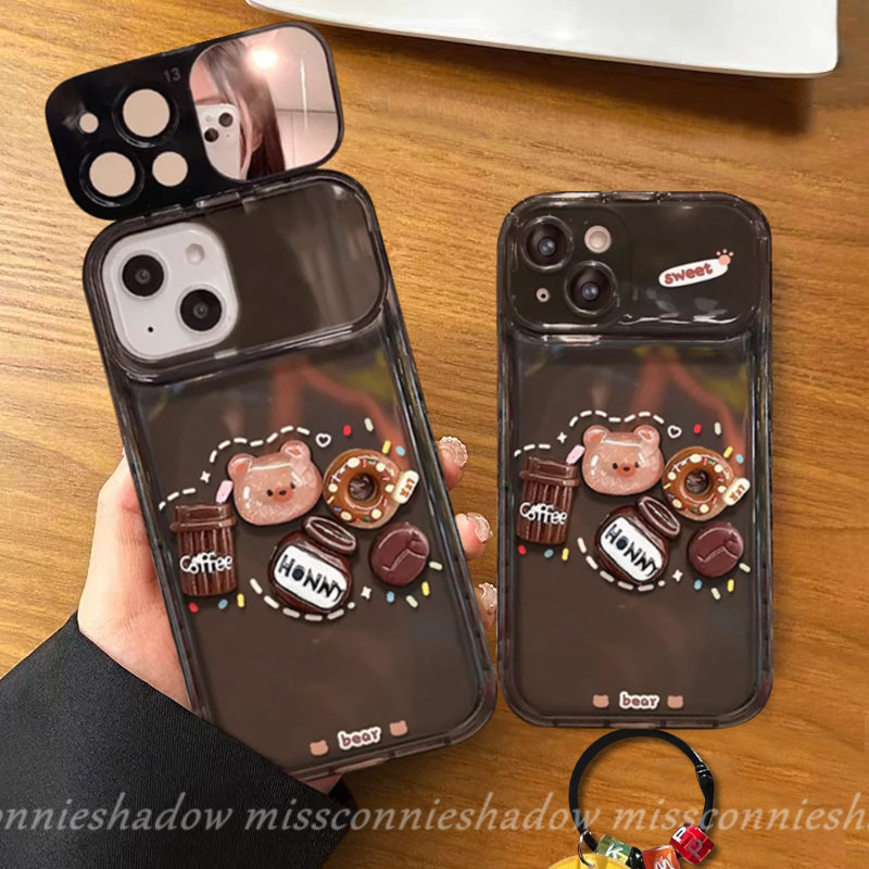 3d Kartun Lucu Mainan Beruang Kopi Donat Case Untuk Oppo A57 A12 A15 A7 A3s A5s A53 A15s A9 A5 A77 A77S A11K A31 A33 2020 A35 Kreatif Flip Make Up Cermin Shockproof Soft Phone Cover