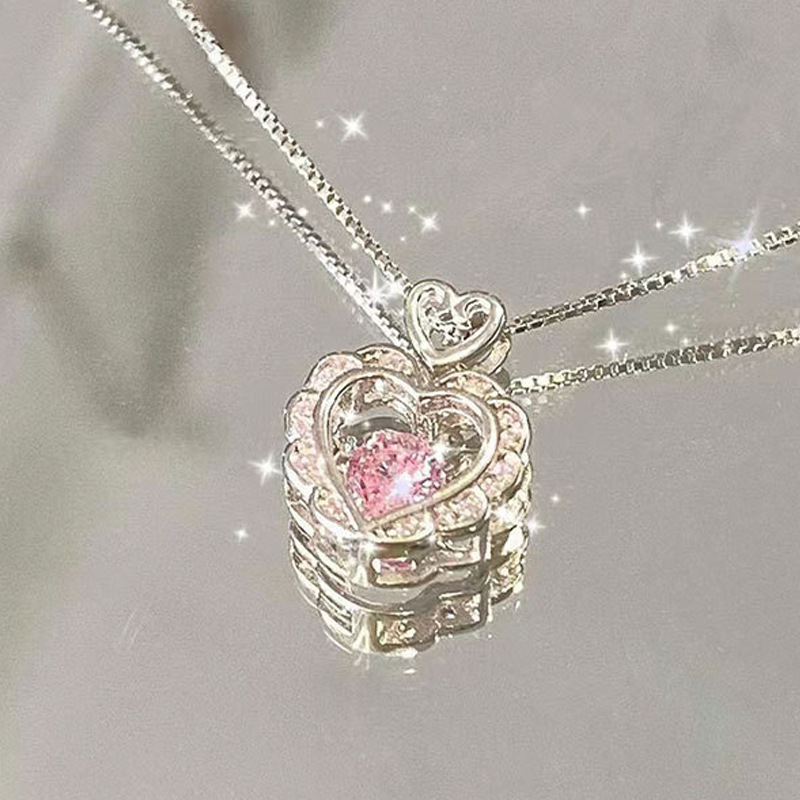 【Bayar di tempat】Korea Fashion Pink Zirkon Cinta Kalung Untuk Wanita Hari Valentine Romantis Dua Cinta Liontin Hadiah Liburan Aksesoris Fashion