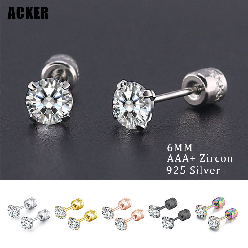 [ACKER] 6mm 1pasang Anting Tusuk Titanium Stainless Diamond AAA+Zircon Untuk Pria/Wanita