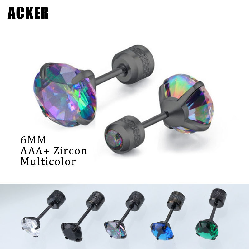 [ACKER] 6mm 1pasang Anting Tusuk Titanium Stainless Multicolor Diamond AAA+Zircon Warna Hitam Untuk Pria/Wanita