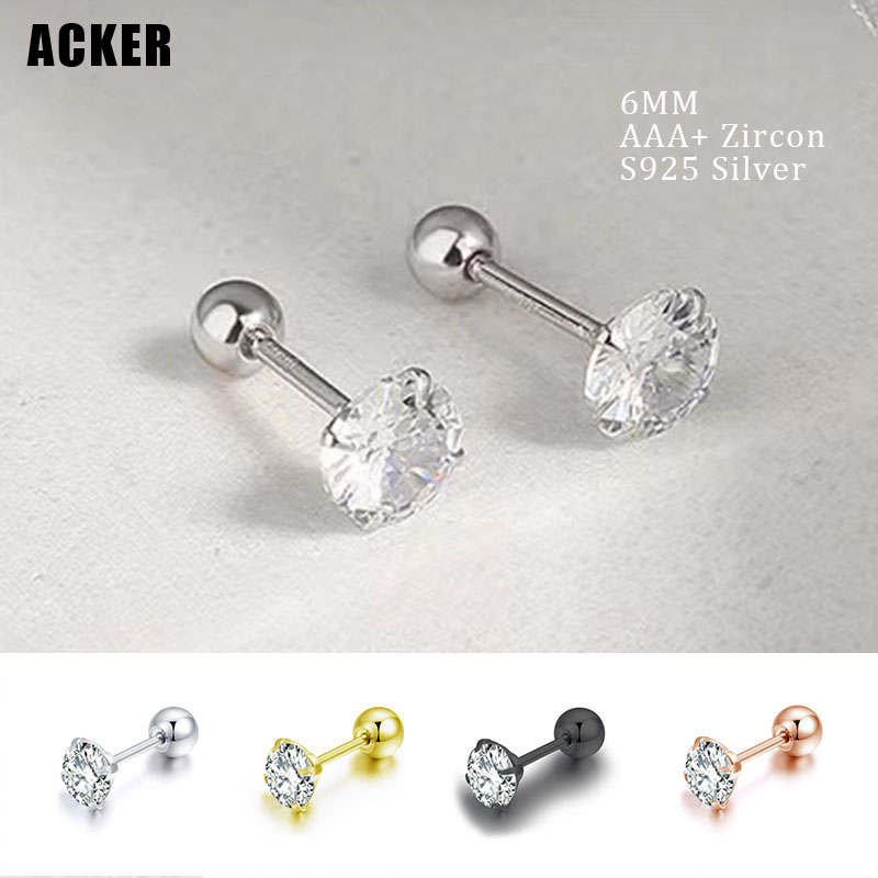 [ACKER] 6mm 1pasang925silver Cubic Zirconia Titanium Stainless Berlian AAA+Zircon Anting Tusuk Untuk Wanita