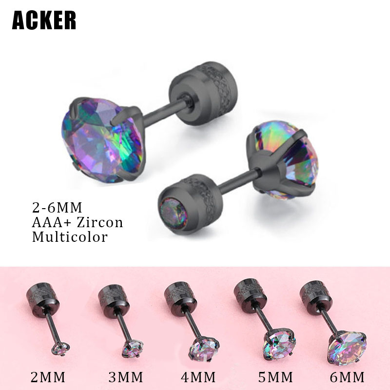 [ACKER] 2-6mm 1pasang Anting Tusuk Cubic Zirconia Hitam Titanium Stainless Multicolor Diamond AAA+Zircon Untuk Wanita