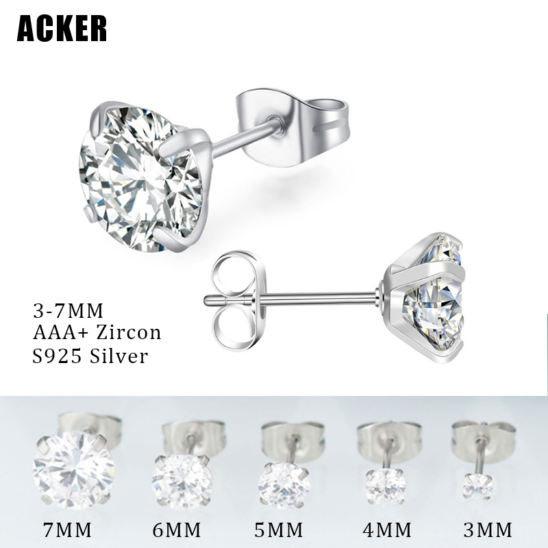 [ACKER] 3-7mm 1pasang925silver Cubic Zirconia Titanium Stainless Berlian AAA+Zircon Stud Earrings Untuk Wanita/Pria