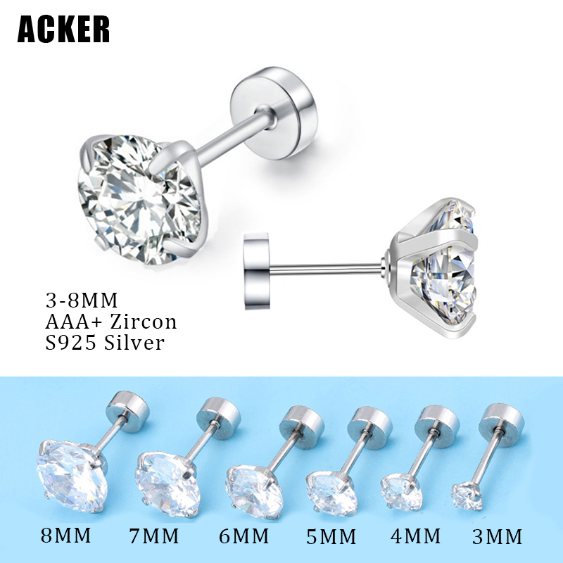 [ACKER] 3-8mm 1pasang925silver Cubic Zirconia Titanium Stainless Berlian AAA+Zircon Stud Earrings Untuk Wanita/Pria