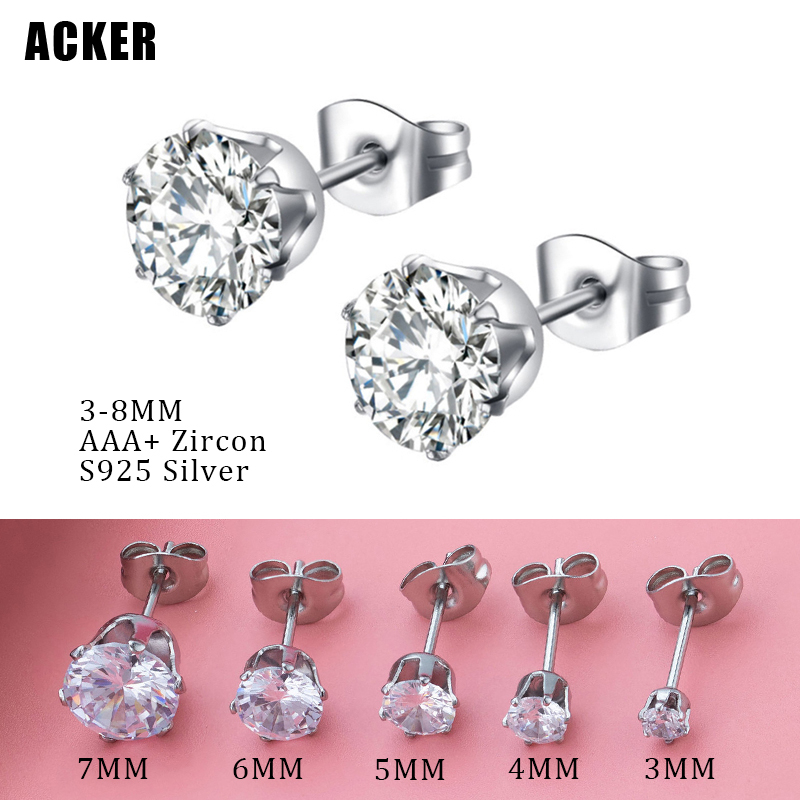 [ACKER] 3-8mm 1pasang925silver Titanium Stainless Cubic Zirconia Berlian AAA+Zircon Stud Earrings Untuk Wanita/Pria