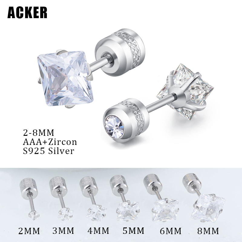 [ACKER] 2-8mm 1pasang925silver Titanium Stainless Persegi Cubic Zirconia Berlian AAA+Zircon Stud Earrings Untuk Wanita/Pria