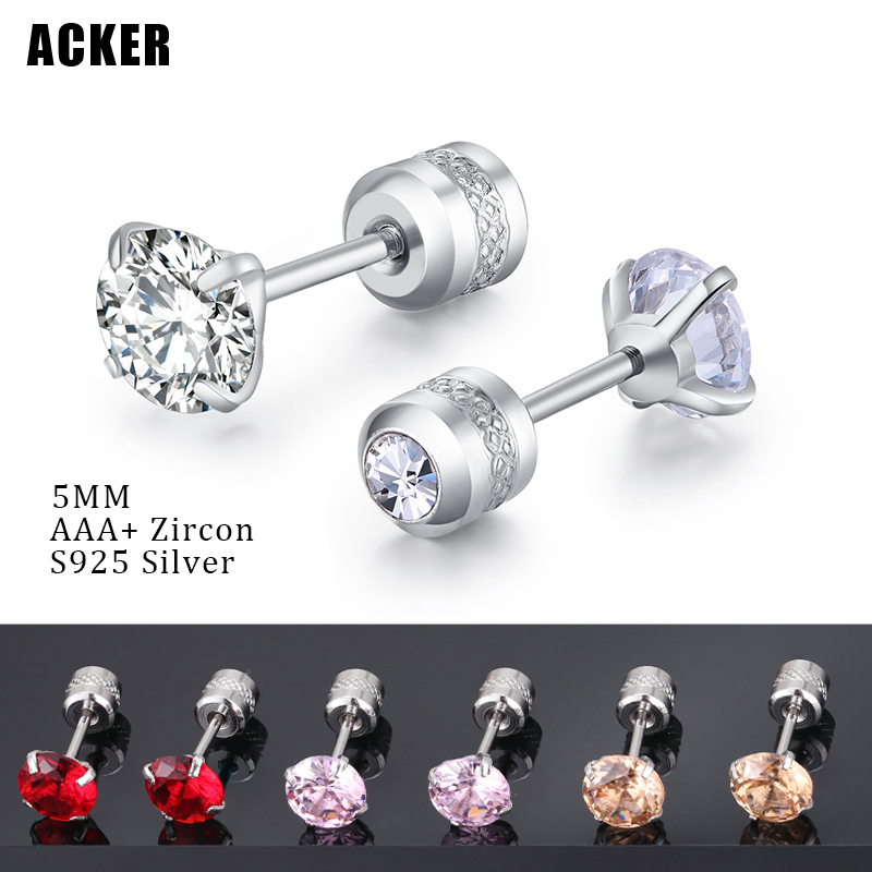 [ACKER] 5mm 1pasang 925silver Titanium Stainless Cubic Zirconia Multicolor Berlian AAA+Zircon Anting Tusuk Untuk Wanita/Pria