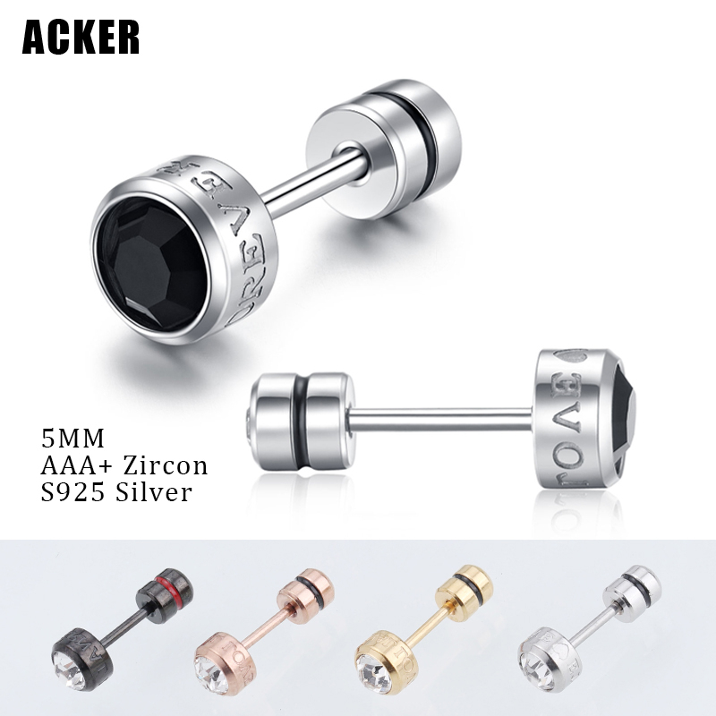 [ACKER] 5mm 1pasang 925silver Titanium Stainless Cubic Zirconia For Ever Diamond AAA+Anting Tusuk Zircon Untuk Wanita/Pria